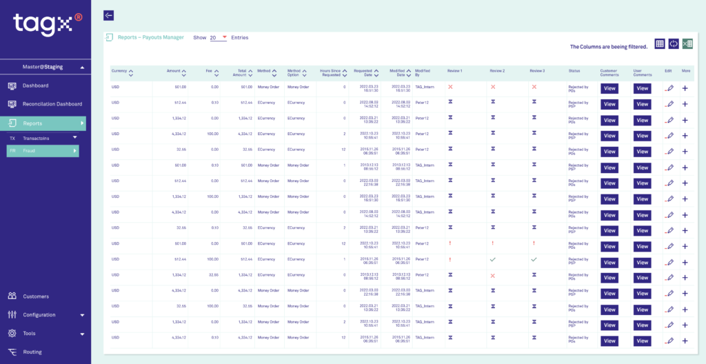 Ein Screenshot der TAGx-Plattform zeigt die Payout Manager-Ansicht. Die Tabelle enthält Informationen zu Transaktionen, einschliesslich Währung, Betrag, Gebühr, Methode und Status, mit Optionen für Nutzerkommentare und Verwaltung.