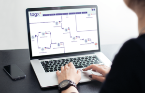 Una persona trabaja en una laptop que muestra la interfaz del software TAGx en la pantalla. La interfaz presenta varios menús y diagramas para transacciones y procesos.