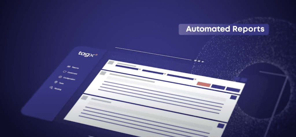 animated screenshot of tagx website with blue background titled automated reports